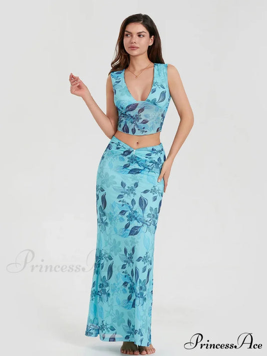 Bohemian Azure Floral Back Bandage Crop Tank Wrap Lengthy Floral Dress Blue / S floraldress-250126