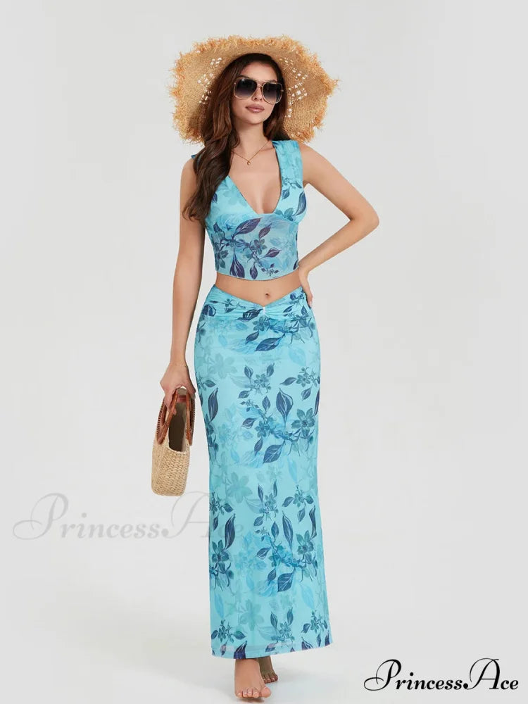 Bohemian Azure Floral Back Bandage Crop Tank Wrap Lengthy Floral Dress floraldress-250126