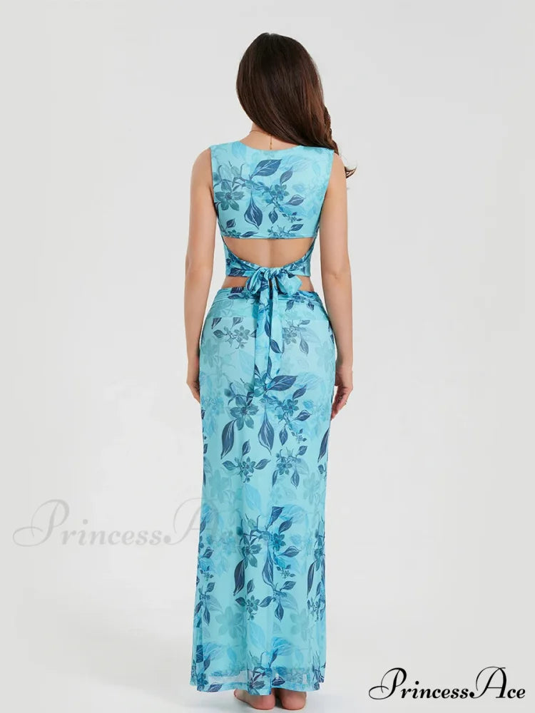 Bohemian Azure Floral Back Bandage Crop Tank Wrap Lengthy Floral Dress floraldress-250126