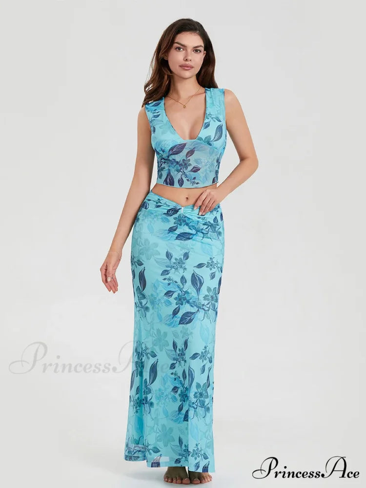 Bohemian Azure Floral Back Bandage Crop Tank Wrap Lengthy Floral Dress floraldress-250126