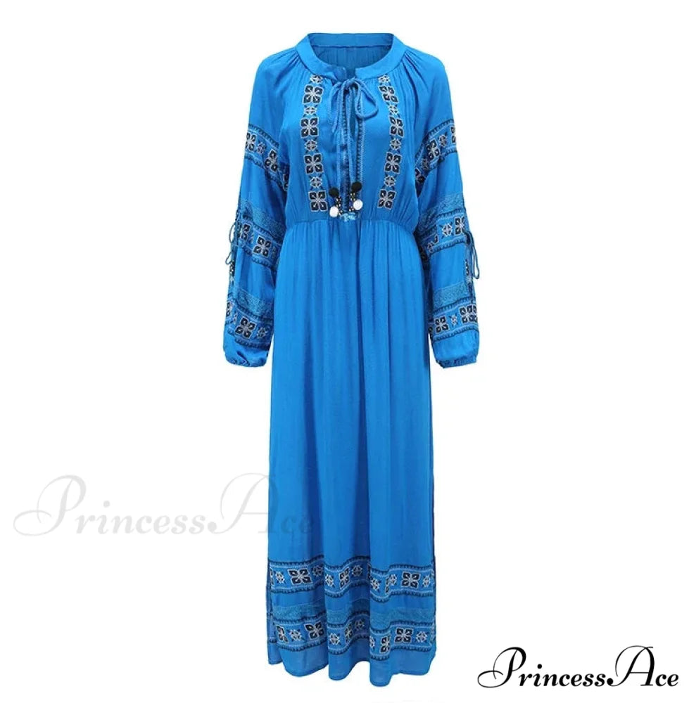 Bohemian Azure/Ivory Cotton Rayon Maxi Dress bohodress-250126