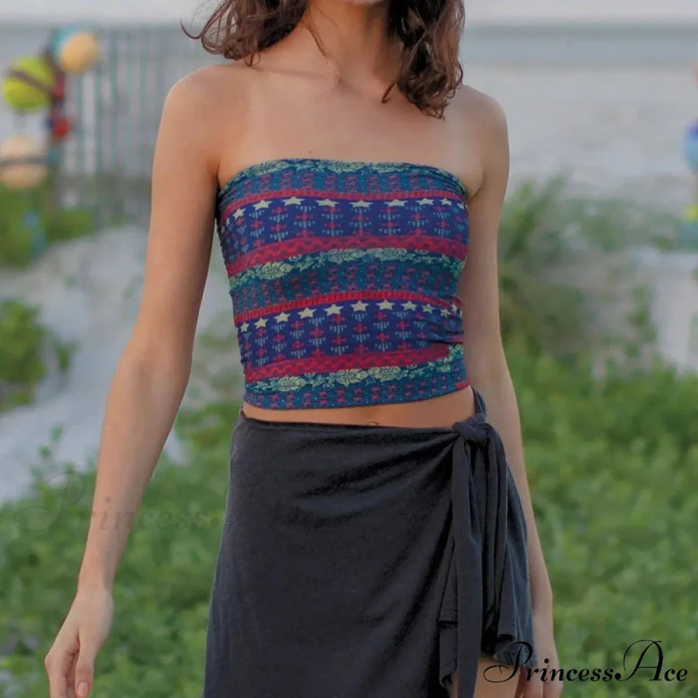 Bohemian Bandeau Off-Shoulder Collegiate Tube Crop Top BLUE / S croptop-250126