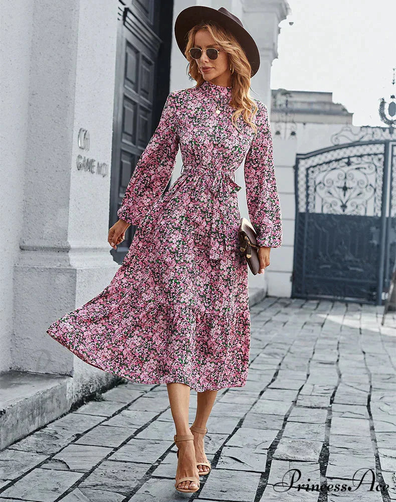 Bohemian Casual Dress with Print M / pink
