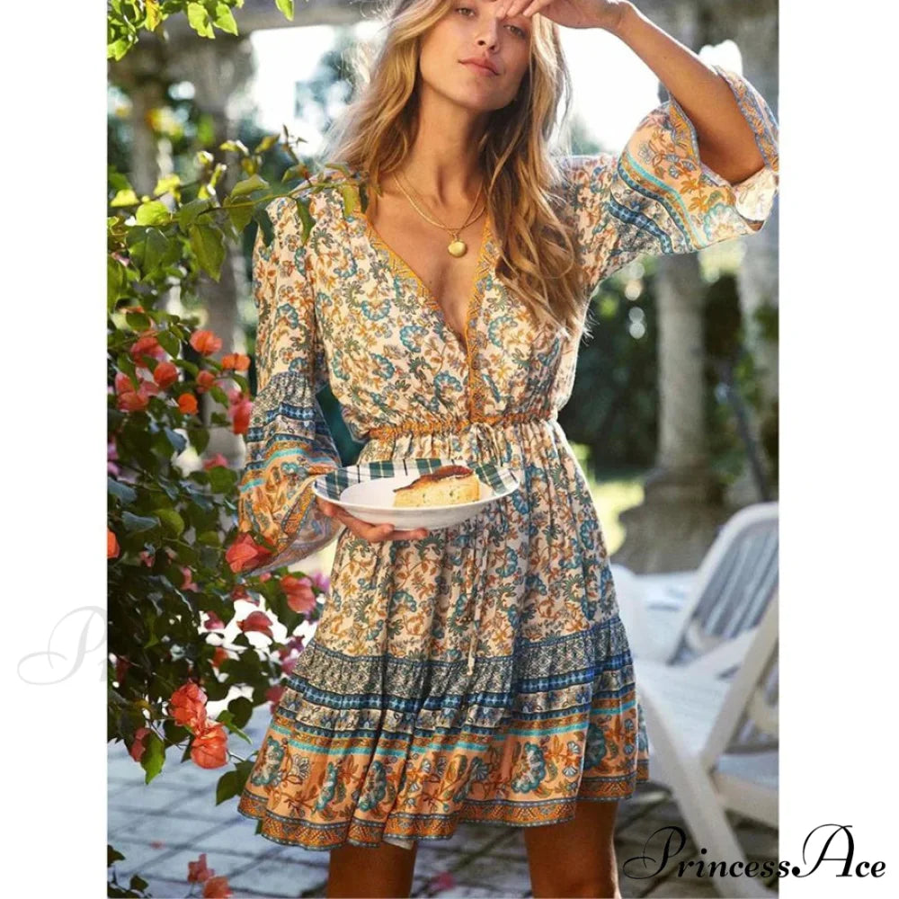 Bohemian Crimson Floral Print Mini Dress V-neck Brief Summer Dress Blue / S bohodress-250126