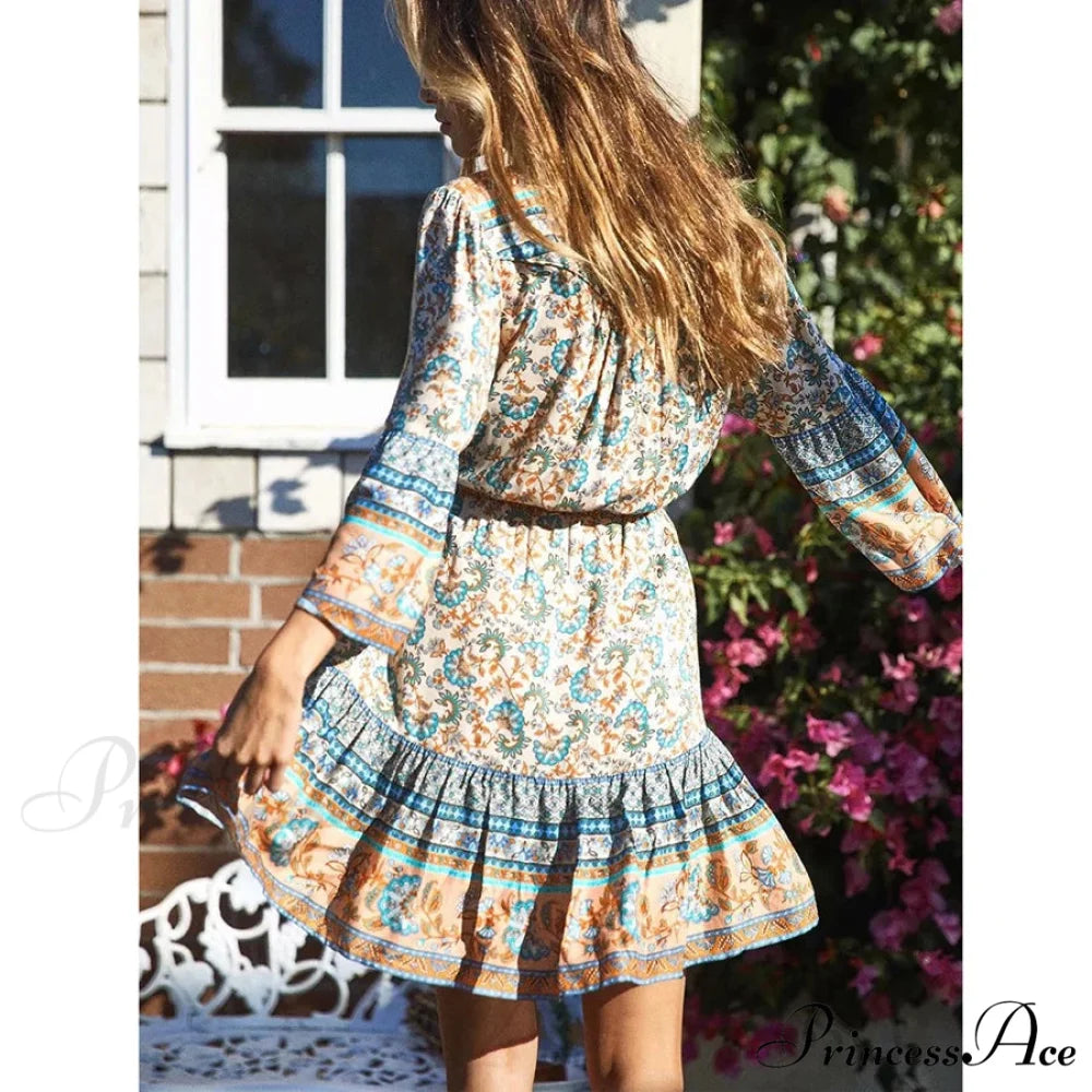 Bohemian Crimson Floral Print Mini Dress V-neck Brief Summer Dress bohodress-250126