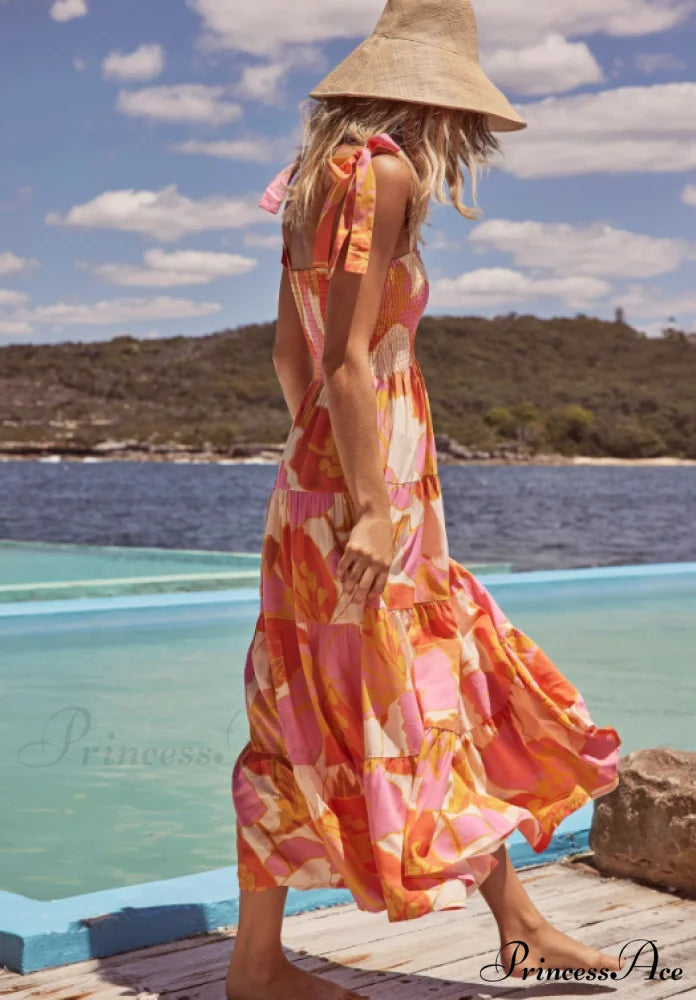 Bohemian Festive Warm-Season Elastic Gown Design with Coastal Women Tie Sundress Up Straps L / ORANGE