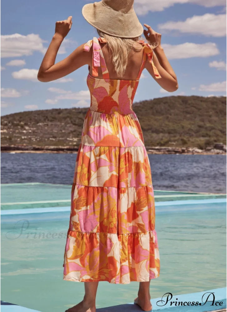 Bohemian Festive Warm-Season Elastic Gown Design with Coastal Women Tie Sundress Up Straps L / YRLLOW