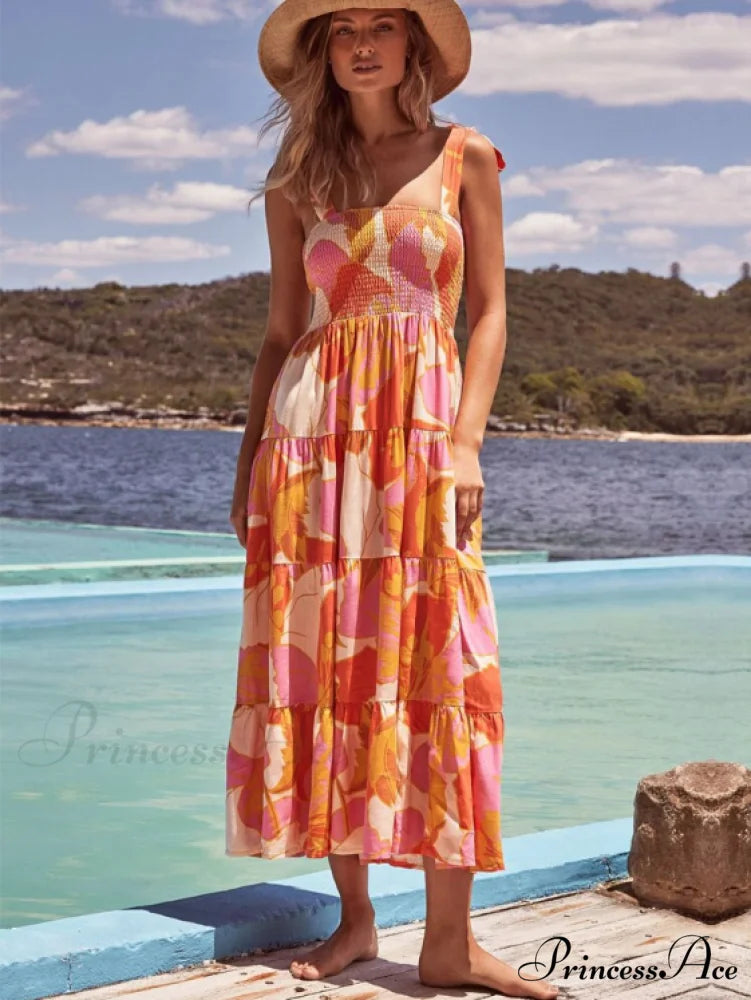 Bohemian Festive Warm-Season Elastic Gown Design with Coastal Women Tie Sundress Up Straps M / ORANGE