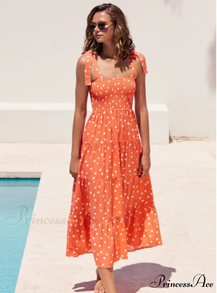 Bohemian Festive Warm-Season Elastic Gown Design with Coastal Women Tie Sundress Up Straps S / ORANGE