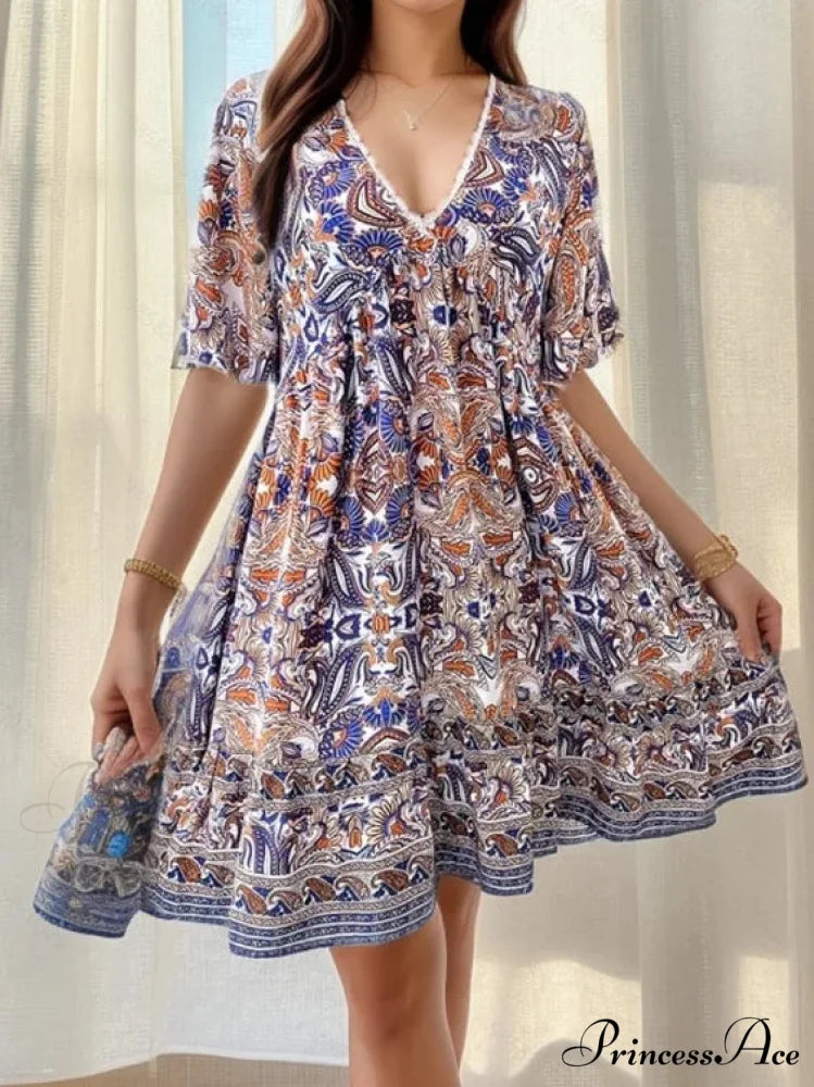 Bohemian Floral Mini Plunging Neckline Short Sleeve Beach Floral Dress Blue / S oldfloraldress-250126
