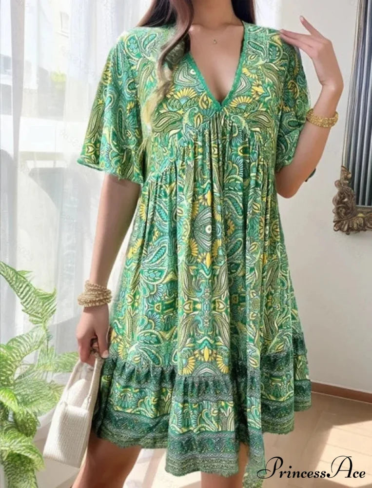 Bohemian Floral Mini Plunging Neckline Short Sleeve Beach Floral Dress Green / S oldfloraldress-250126