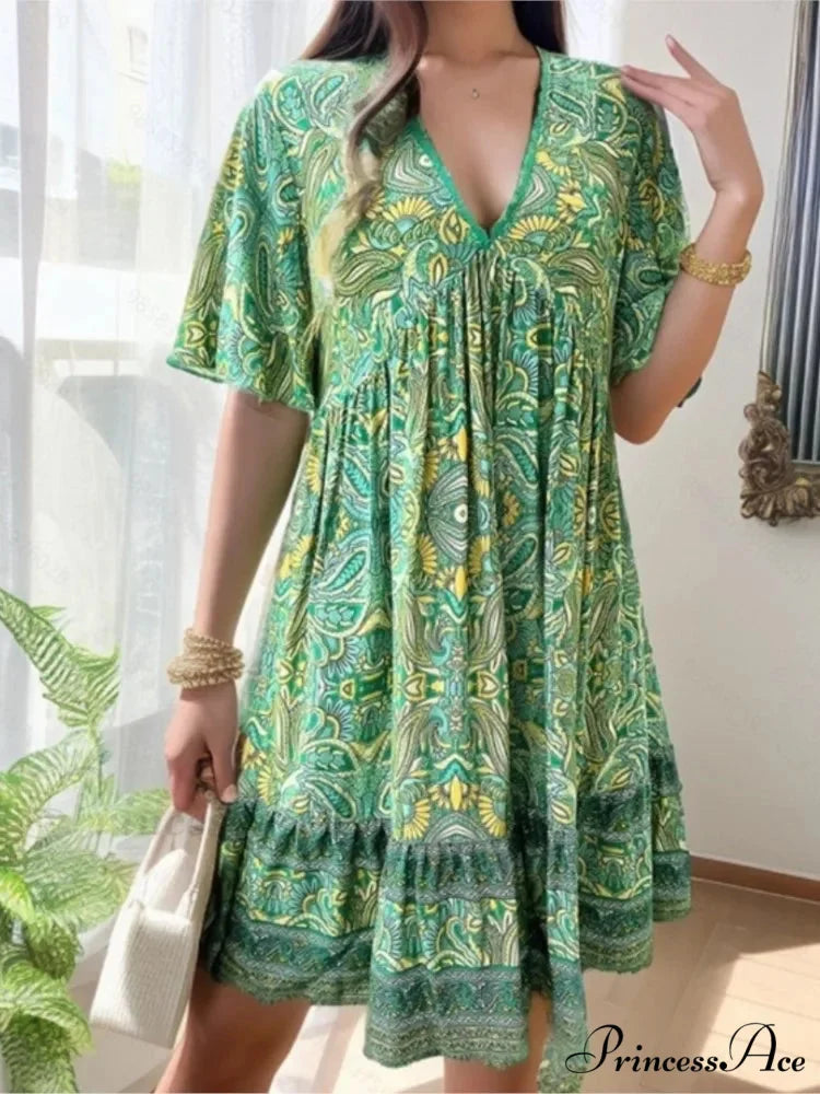 Bohemian Floral Mini Plunging Neckline Short Sleeve Beach Floral Dress oldfloraldress-250126