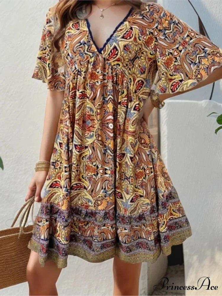 Bohemian Floral Mini Plunging Neckline Short Sleeve Beach Floral Dress oldfloraldress-250126