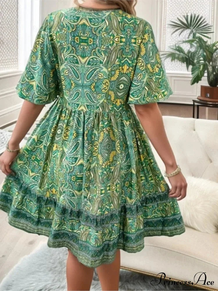 Bohemian Floral Mini Plunging Neckline Short Sleeve Beach Floral Dress oldfloraldress-250126