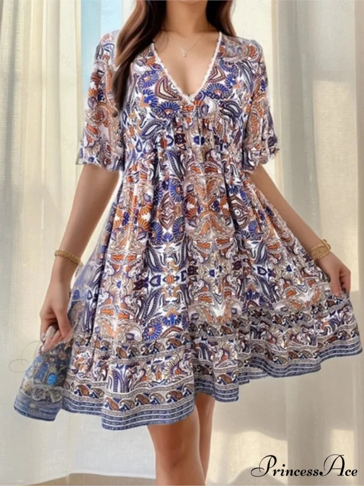 Bohemian Floral Mini Plunging Neckline Short Sleeve Beach Floral Dress oldfloraldress-250126