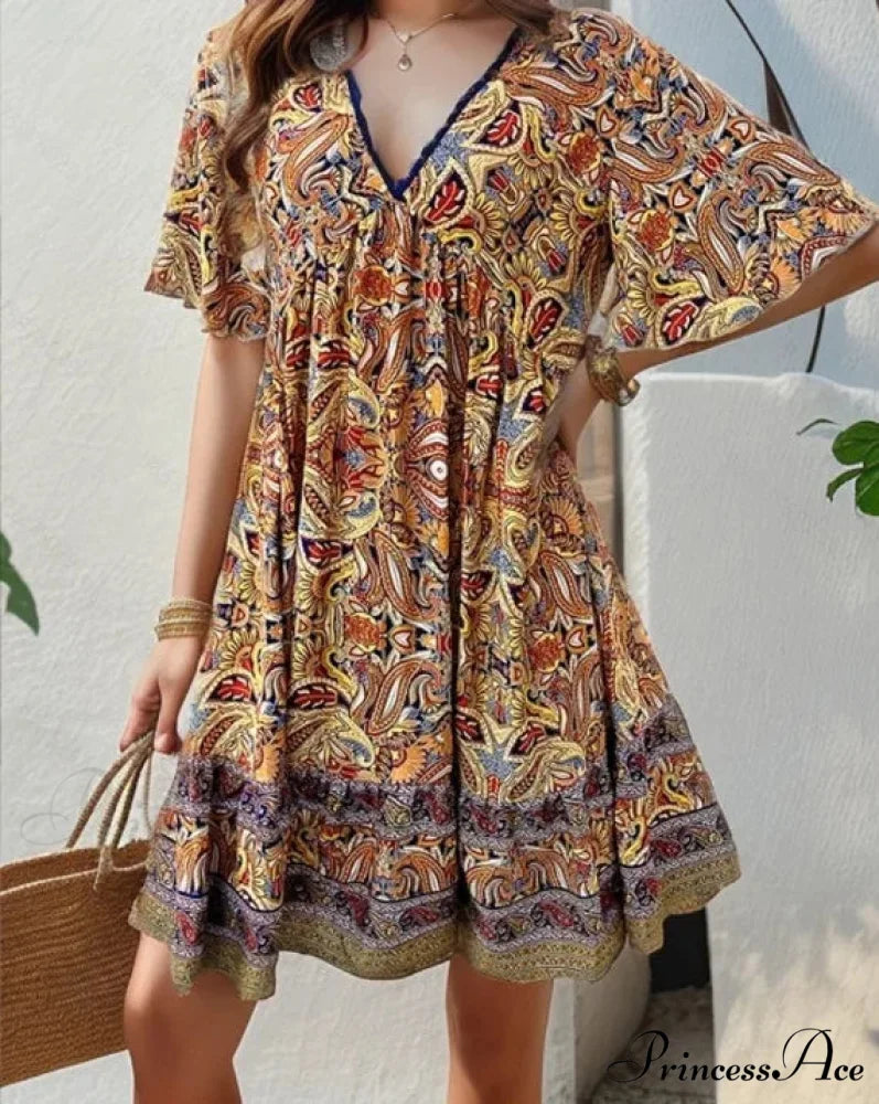 Bohemian Floral Mini Plunging Neckline Short Sleeve Beach Floral Dress Yellow / S oldfloraldress-250126