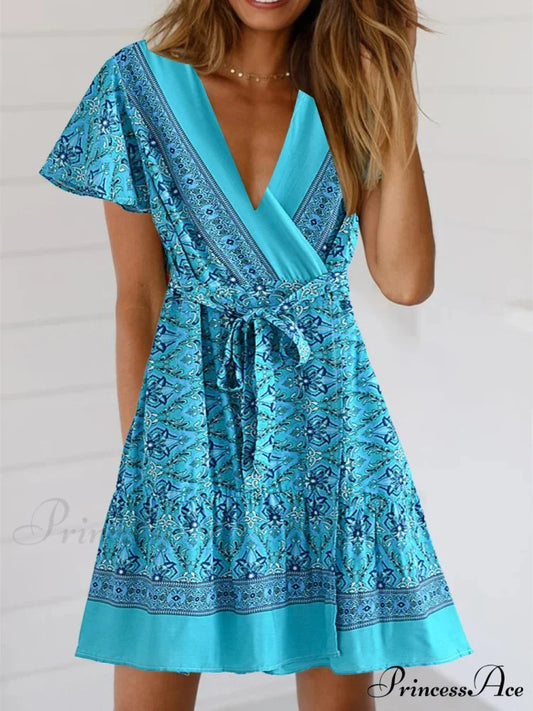Bohemian Floral Pattern Sashes Free-Spirited Dress Blue / S bohodress-250126