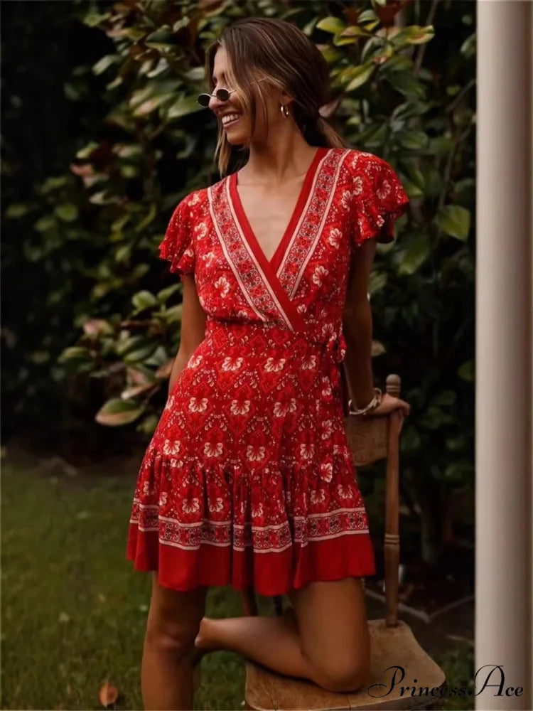 Bohemian Floral Pattern Sashes Free-Spirited Dress Red / S bohodress-250126