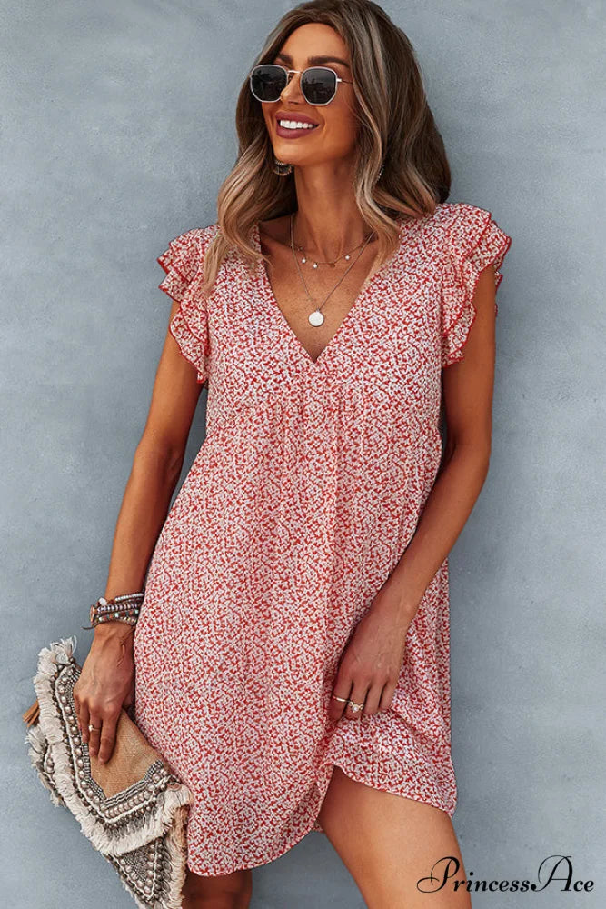 Bohemian Floral Print Trendy Sleeveless Casual Mini Dress S / Red