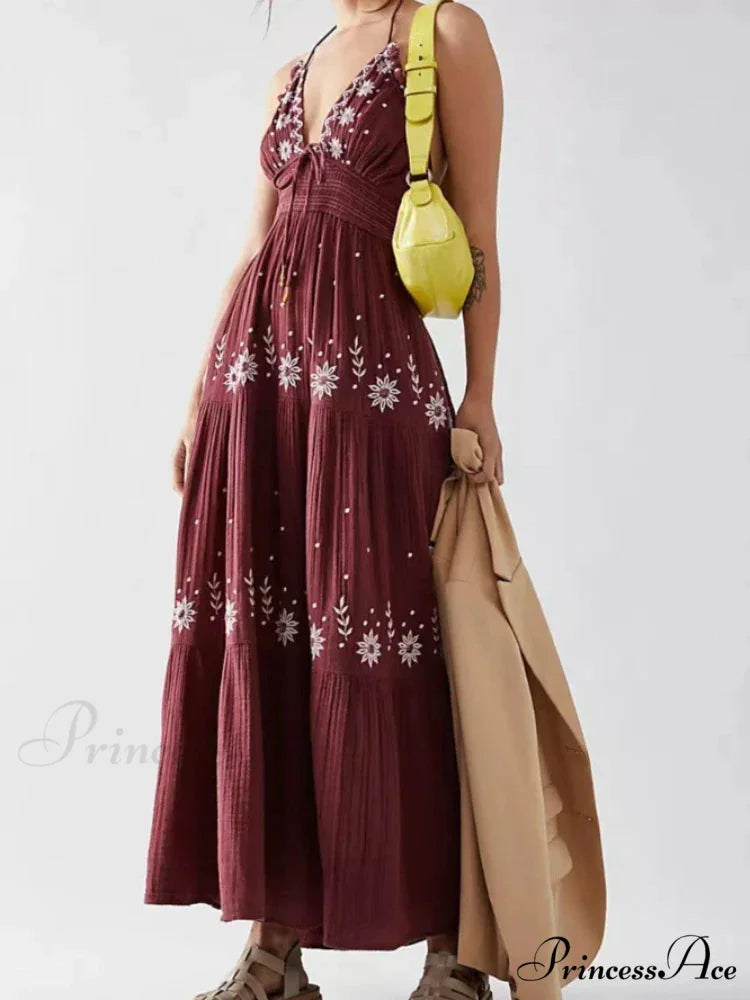 Bohemian Flower Birthday Beach Holiday Boho Dress Brown / S