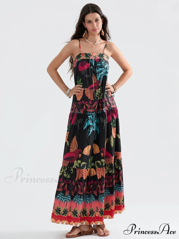 Bohemian Flowy Foliage Ruched A-Line Floral Dress BLACK / S floraldress-250126