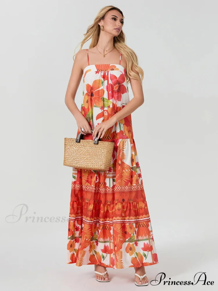 Bohemian Flowy Foliage Ruched A-Line Floral Dress floraldress-250126