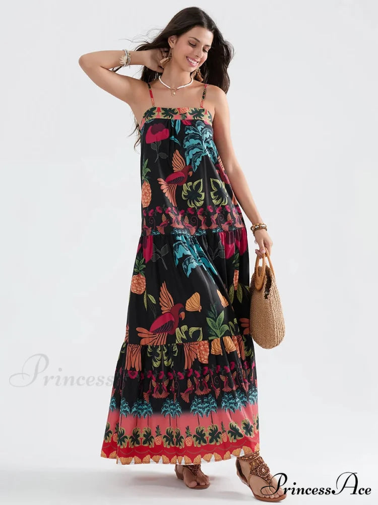 Bohemian Flowy Foliage Ruched A-Line Floral Dress floraldress-250126