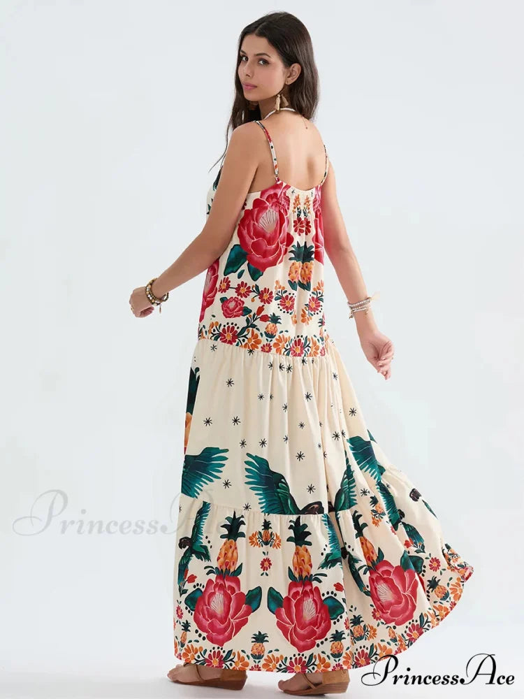 Bohemian Flowy Foliage Ruched A-Line Floral Dress floraldress-250126