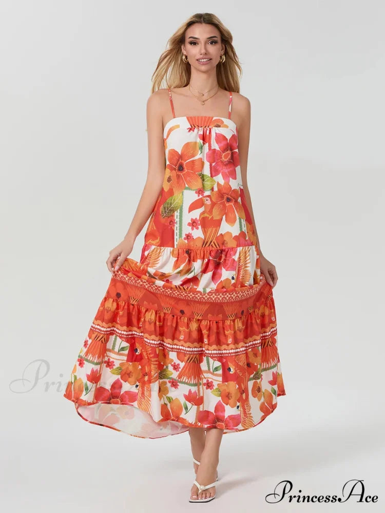 Bohemian Flowy Foliage Ruched A-Line Floral Dress floraldress-250126