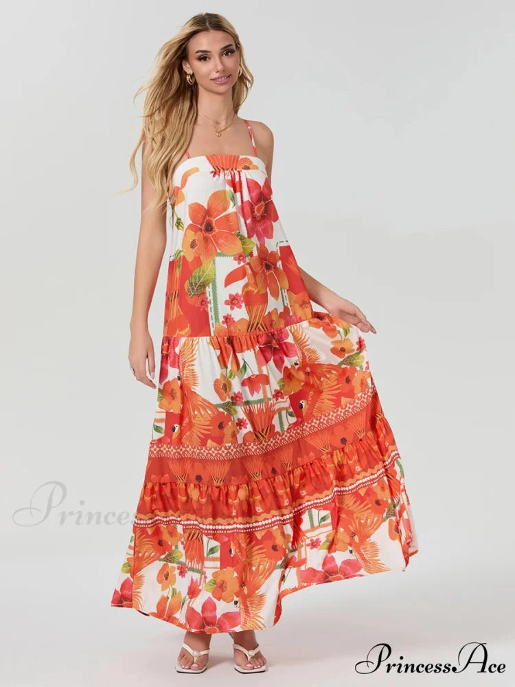 Bohemian Flowy Foliage Ruched A-Line Floral Dress ORANGE / S floraldress-250126