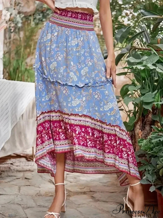 Bohemian High Waist Frilled Floral Maxi Skirt Rayon Beach Woman Blue / S skirt-250126
