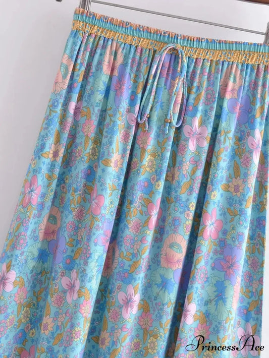 Bohemian High Waist Viscose Maxi Skirt A-line Frilled Floral Print skirt-250126