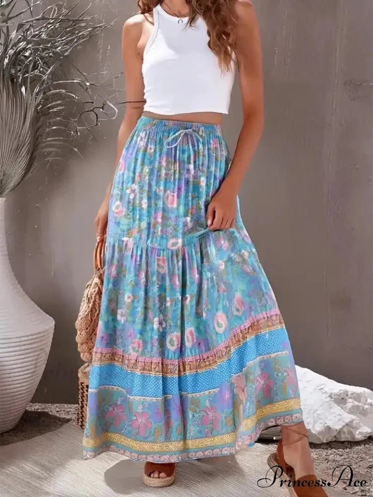 Bohemian High Waist Viscose Maxi Skirt A-line Frilled Floral Print Blue / S skirt-250126