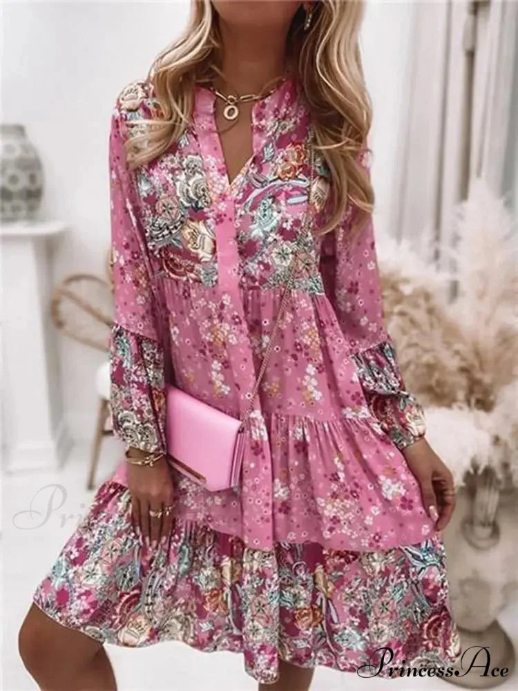Bohemian Informal V-neck Relaxed A-line Floral Beach Party Dress oldfloraldress-250126