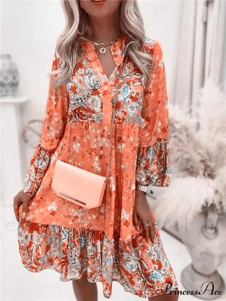 Bohemian Informal V-neck Relaxed A-line Floral Beach Party Dress Orange / S oldfloraldress-250126