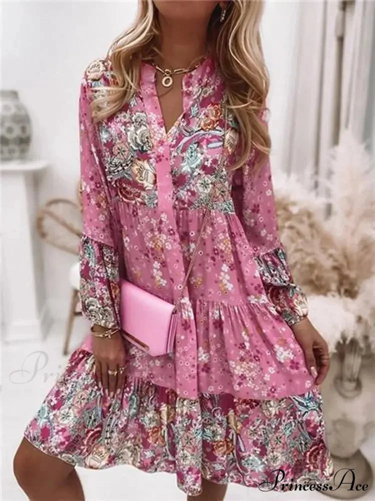 Bohemian Informal V-neck Relaxed A-line Floral Beach Party Dress Pink / S oldfloraldress-250126
