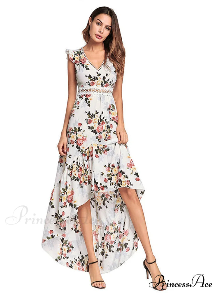 Bohemian Irregular Flowered Design V-Neck Dress M / Black