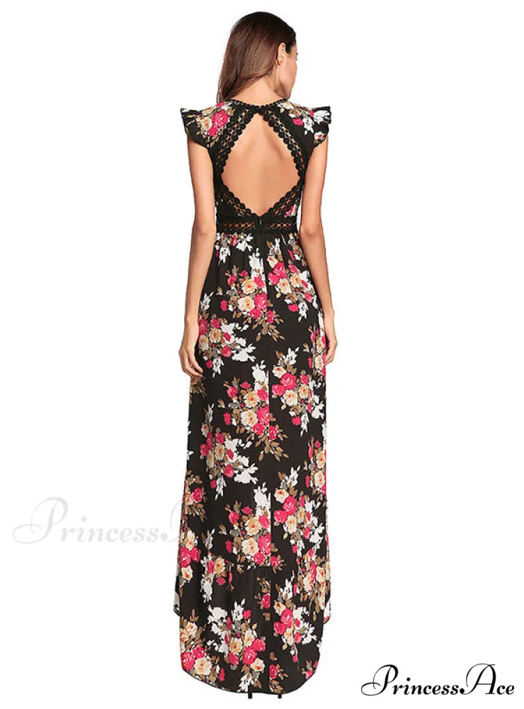 Bohemian Irregular Flowered Design V-Neck Dress M / White