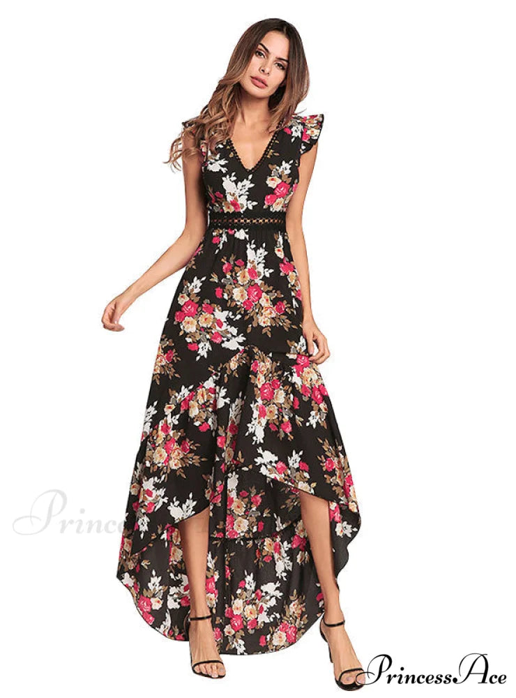 Bohemian Irregular Flowered Design V-Neck Dress S / White