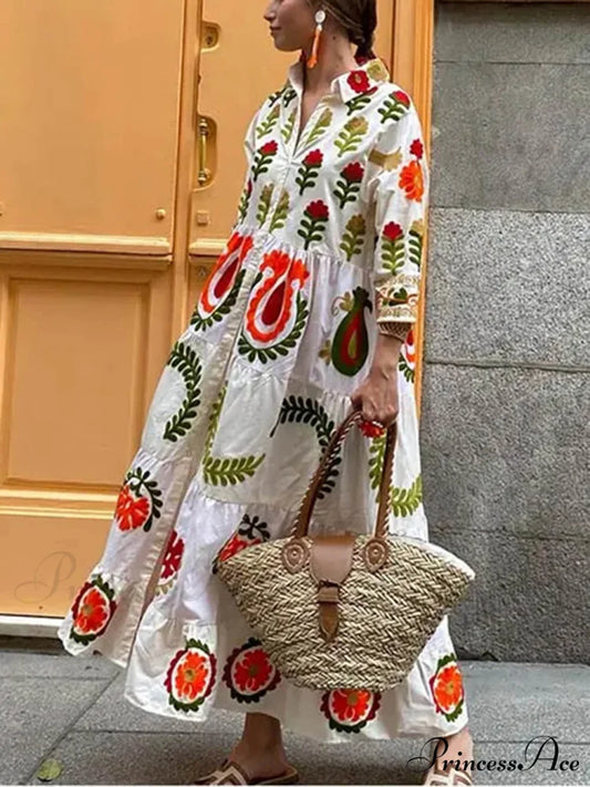 Bohemian Loose Stylish Print Dress White / S