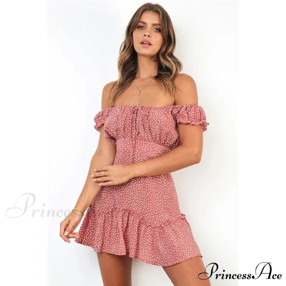 Bohemian Off-The-Shoulder Flowery Chiffon Seaside Dress Pink / S floraldress-250126