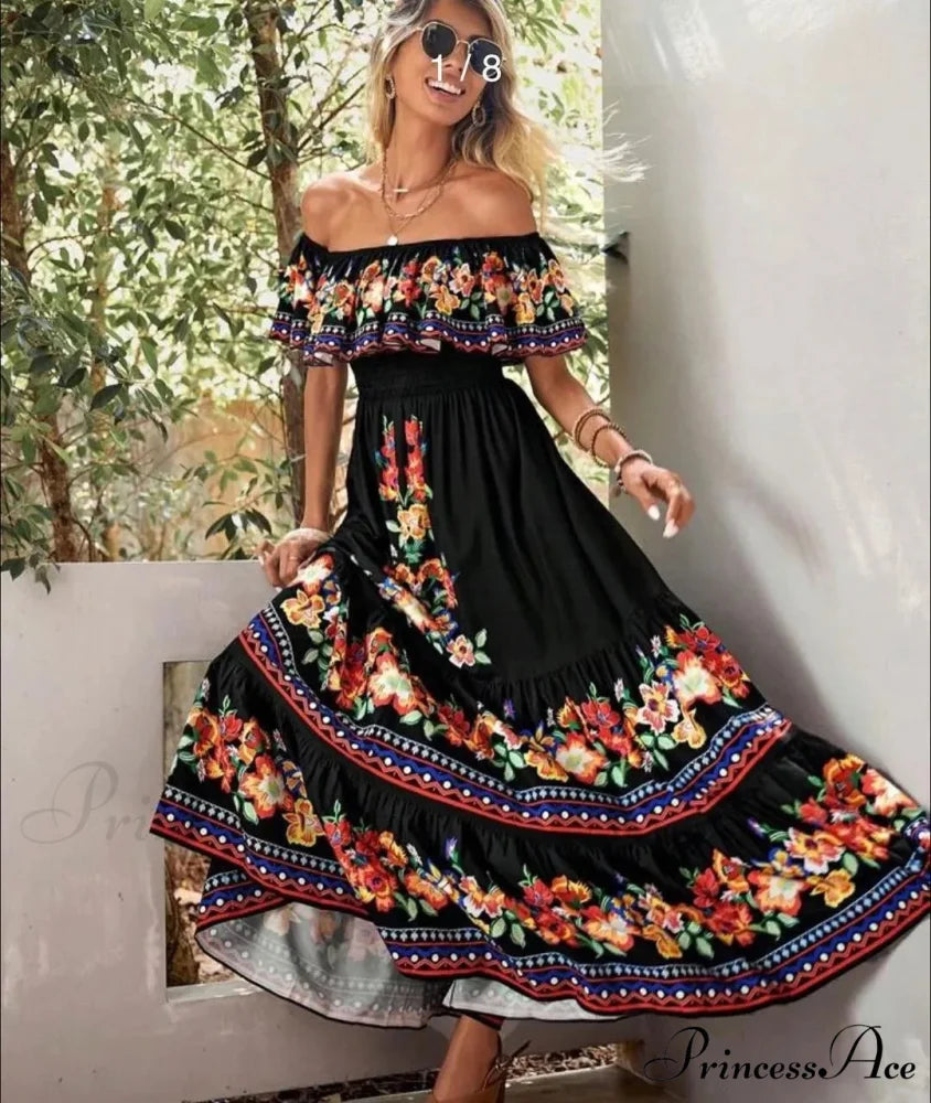 Bohemian Off-The-Shoulder Frilly Flower Pattern Long Floral Dress Black / S floraldress-250126