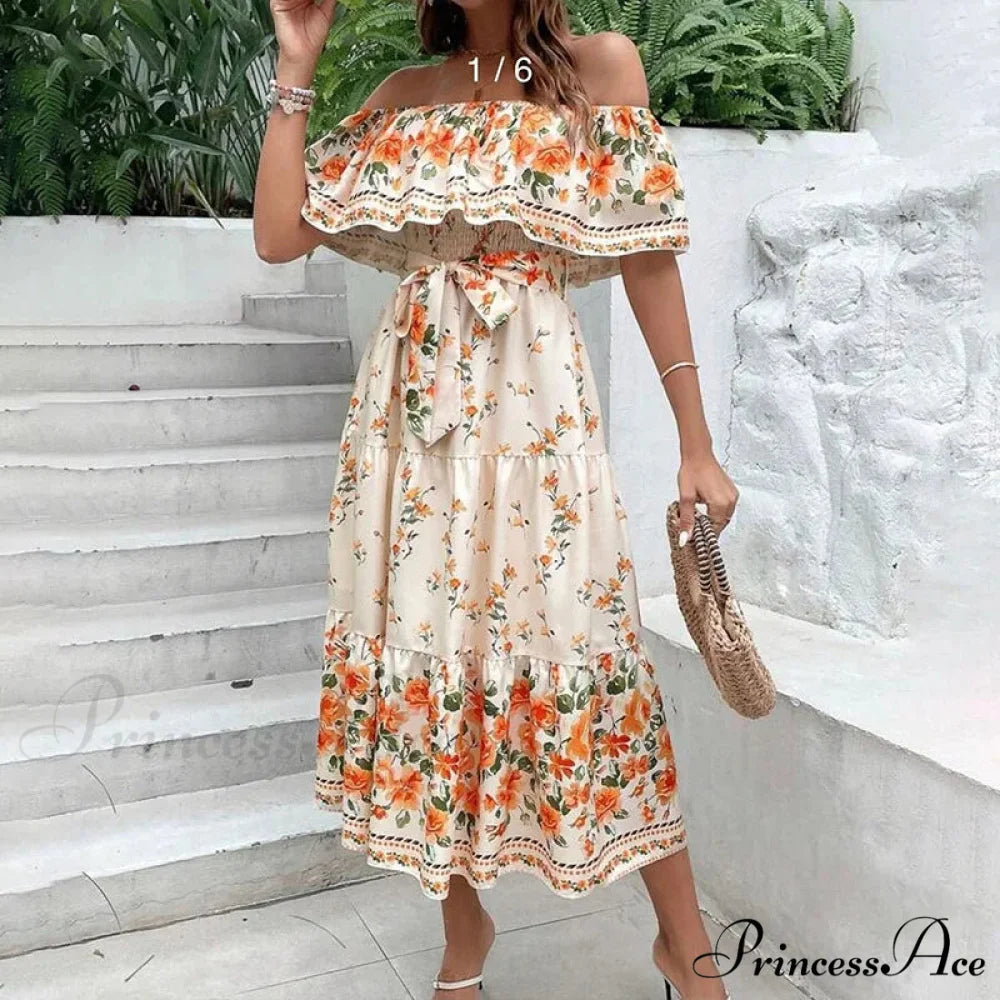 Bohemian Off-The-Shoulder Frilly Flower Pattern Long Floral Dress Pale yellow / S floraldress-250126