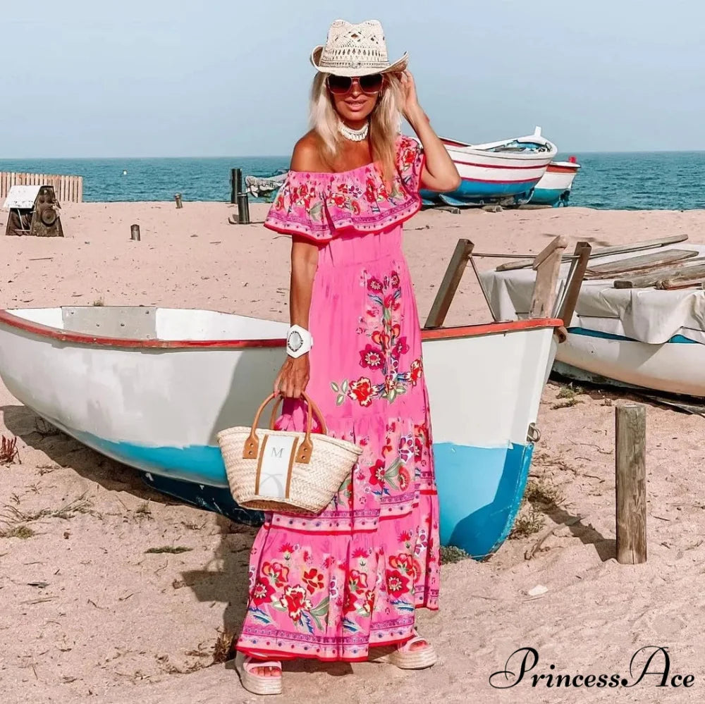 Bohemian Off-The-Shoulder Frilly Flower Pattern Long Floral Dress Pink / S floraldress-250126