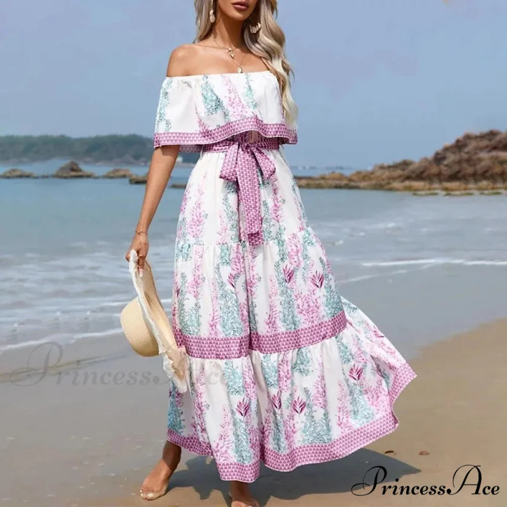 Bohemian Off-The-Shoulder Frilly Flower Pattern Long Floral Dress pinkish-white / S floraldress-250126
