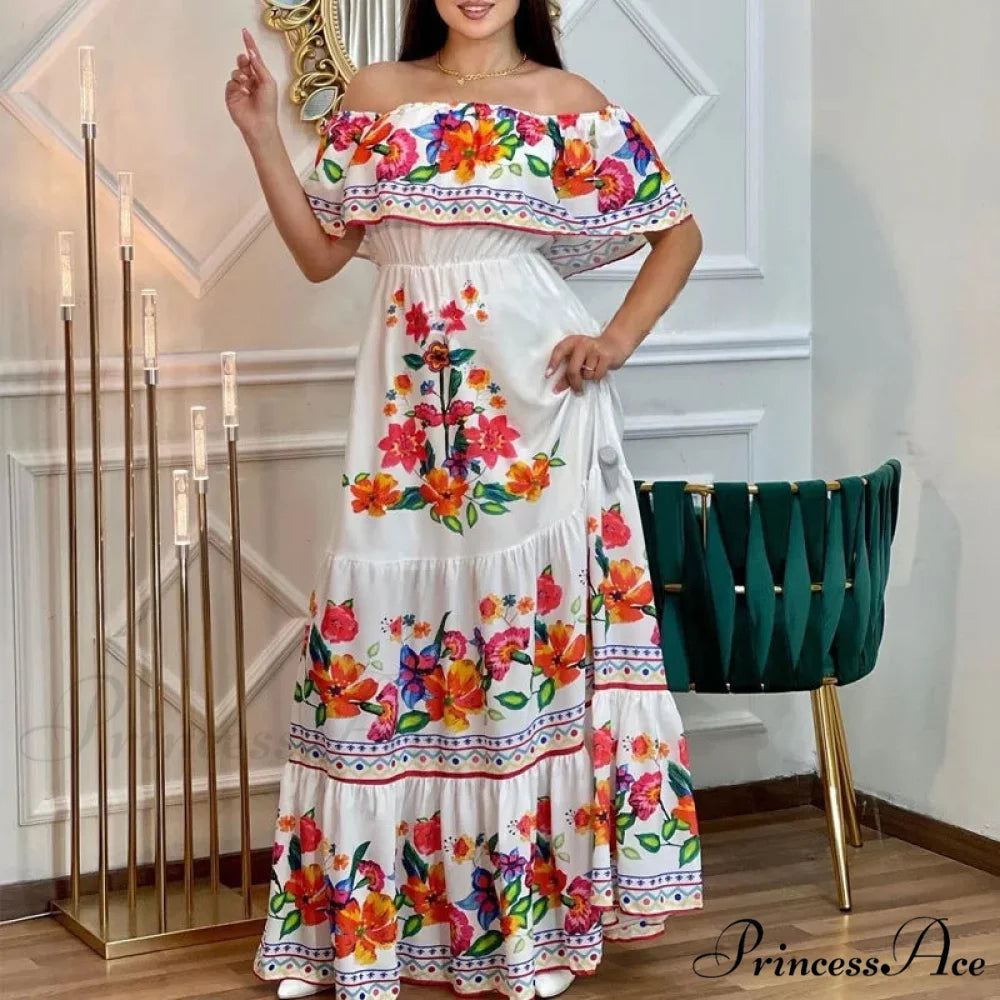 Bohemian Off-The-Shoulder Frilly Flower Pattern Long Floral Dress Red and white / S floraldress-250126
