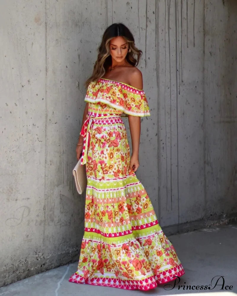Bohemian Off-The-Shoulder Frilly Flower Pattern Long Floral Dress Reddish yellow / S floraldress-250126