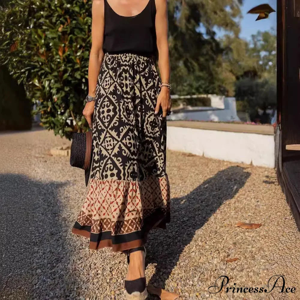 Bohemian Pattern High Waist Maxi Skirt Informal Baggy Summer Skirt skirt-250126