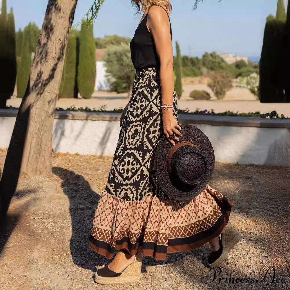 Bohemian Pattern High Waist Maxi Skirt Informal Baggy Summer Skirt skirt-250126