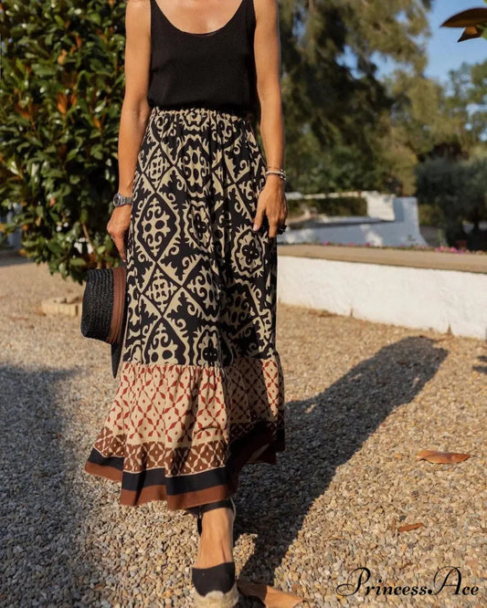 Bohemian Pattern High Waist Maxi Skirt Informal Baggy Summer Skirt Black / S skirt-250126